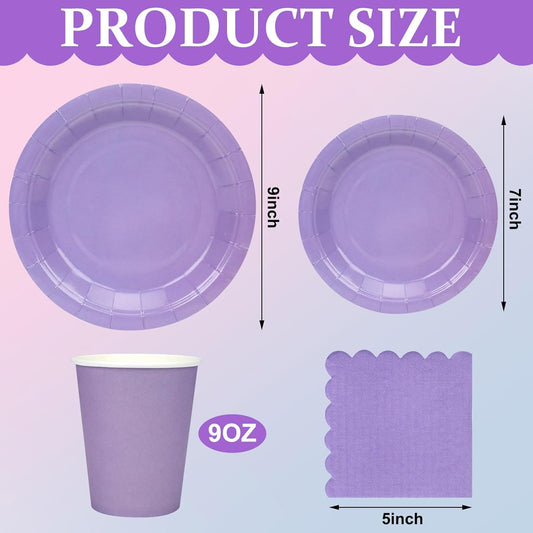 150 Pcs Disposable Party Dinnerware Supplies Set Includes 7'' 9'' Disposable Paper Plates 9oz Paper Cups Scalloped Cocktail Napkins for Baby Shower Birthday Wedding(Light Purple)