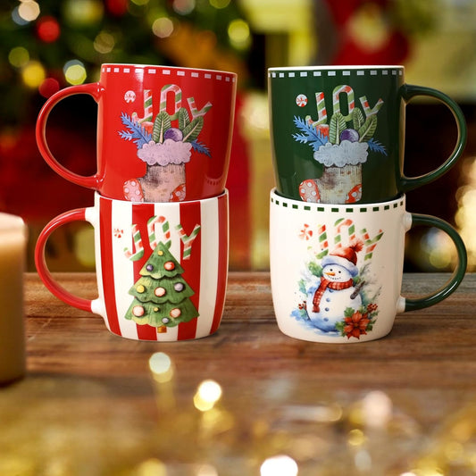 Homlouue Christmas Mugs Set of 4 With Festival Design, Holiday Coffee Mugs for Family Friends, Merry Christmas Gifts With Snowman Tree Stocking Decor, 11 Oz