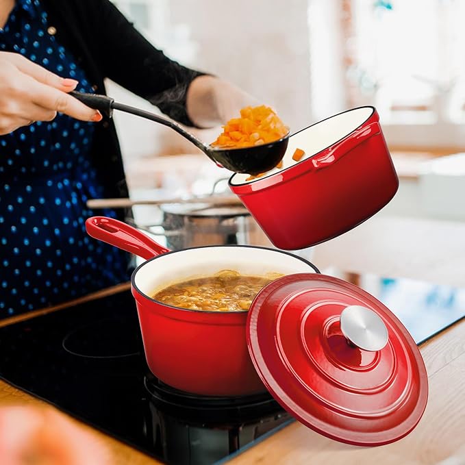 Enameled Cast Iron Sauce Pan, Leonyo 1 Qt & 2 Qt Saucepan Set, Cast Iron Dutch Oven Kitchen Small Pots for All Cooktops Cooking Pasta, Milk, Oatmeal - Up to 500°F & Nonstick, Red