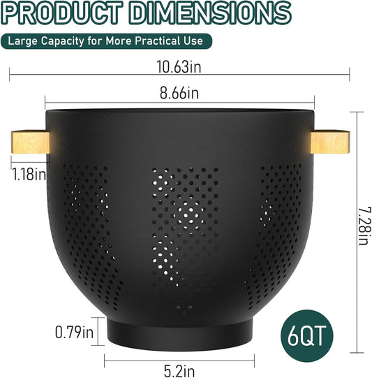 Metal Colander with Bamboo Wood Handle, 6 QT Large Strainer with Self-Draining Base, Kitchen Strainer Bowl for Pasta Spaghetti Vegetables Fruit Berry, Essential Kitchen Appliance and Gadget (Black)