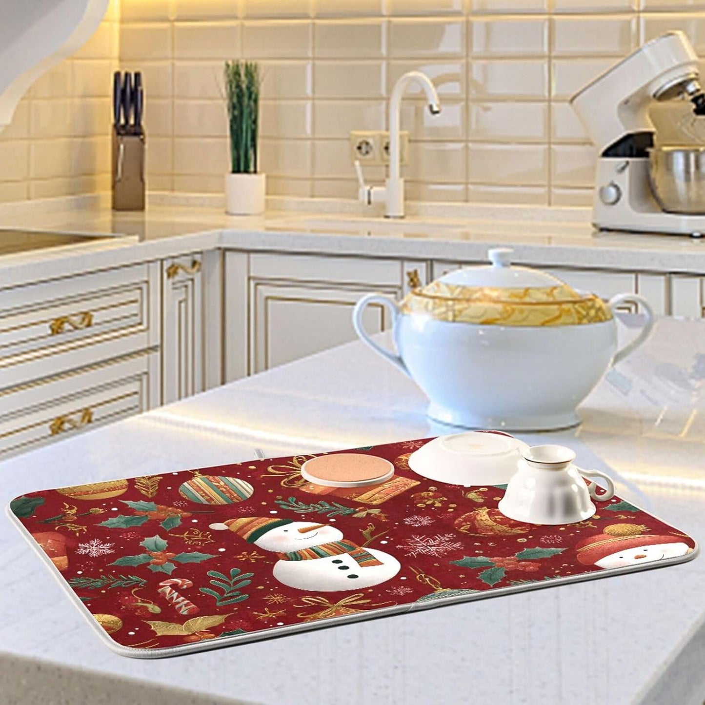 Snowmen Candy Canes and Christmas Dish Drying Mat Super Absorbent Drying Mat 16x18 inch Large Dish Drying Mats for Kitchen Counter Dish Drying Pads Kitchen Drying Matt for Countertop