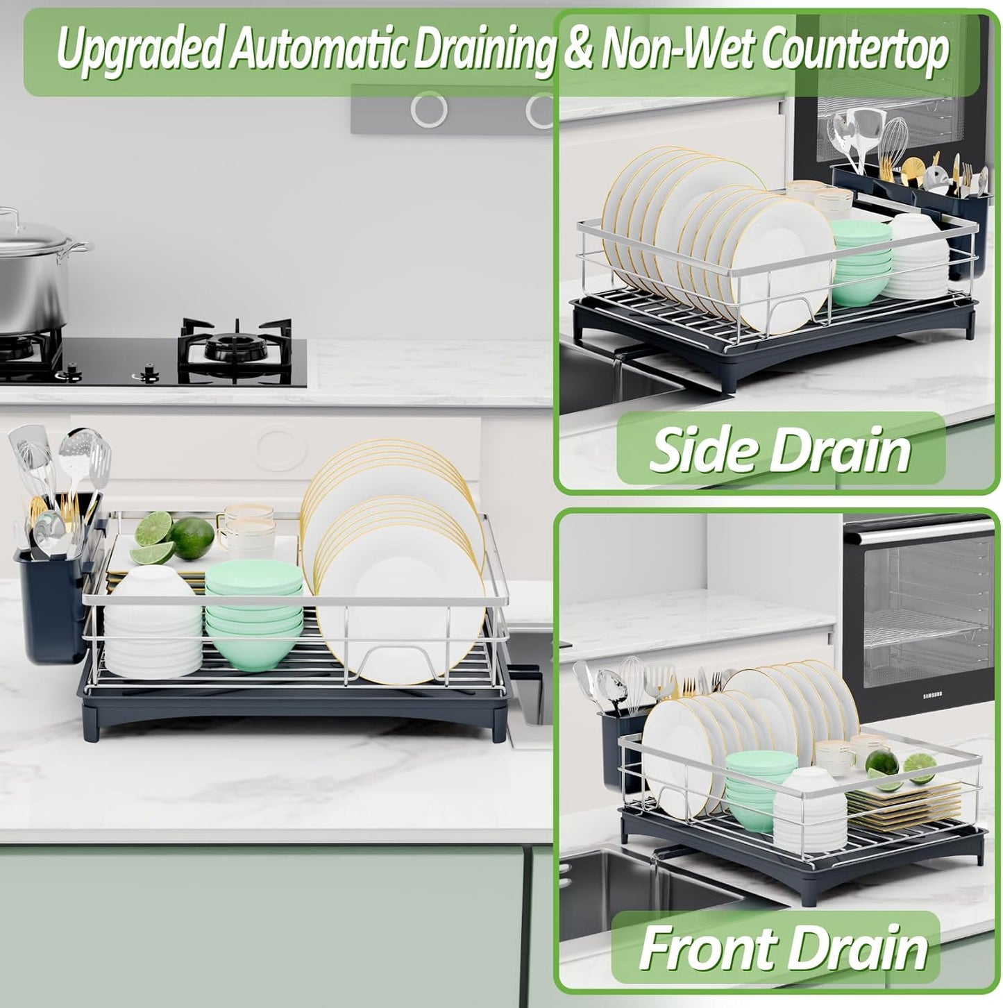 Dish Drying Rack, Large Capacity Dish Drainers for Kitchen Counter with Removeable Cutlery Holder, Rustproof & Sturdy Auto-Drain Multifunctional Organizer for Plates,Cups,knife fork Storage Essentials