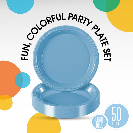 Exquisite Party Solids Light Blue Plastic Plates For Party Supplies 7" Light Blue Disposable Plates Heavy Duty 50 Pcs Plastic Dinnerware Sets Heavy Duty 350 GSM Disposable Dinnerware Set