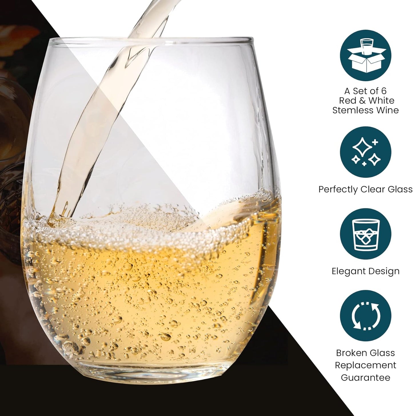 Stemless Wine Glass, Red & White 18oz Stemless Wine Glass Set of 6, Drink Glasses with Durable Chip Resistant Rim, Large Wine Glasses for Enhanced Aeration, Wine Accessories for Parties (18oz -6Pack)