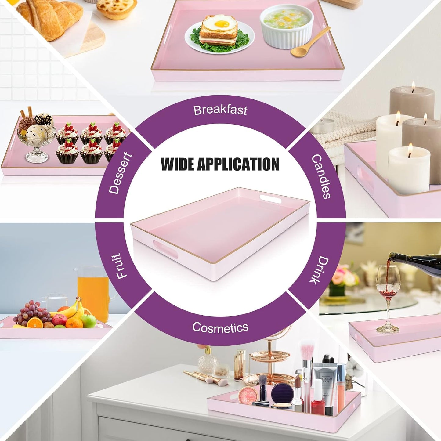 Gifturbo Pink Serving Trays,Decorative Serving Tray with Handles, Coffee Table Rectangular Trays Plastic Tray for Ottoman Bathroom,Living Room, 15.7” x 10.2” x1.37”