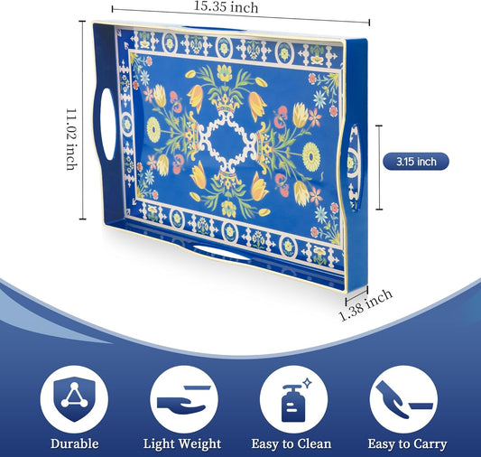 Gifturbo Blue Decorative Tray with Four Handles, Versatile Serving Tray for Coffee Table, Ottoman, Ideal for Serving, Displaying, Organizing,Home Decor