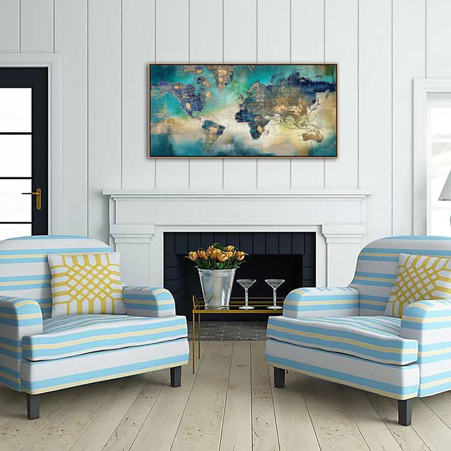 Large World Map Canvas Prints Framed Wall Art for Living Room Office 24x48 Green World Map Picture Artwork Decor for Home Decoration(With Soild Wood Dark Framed)