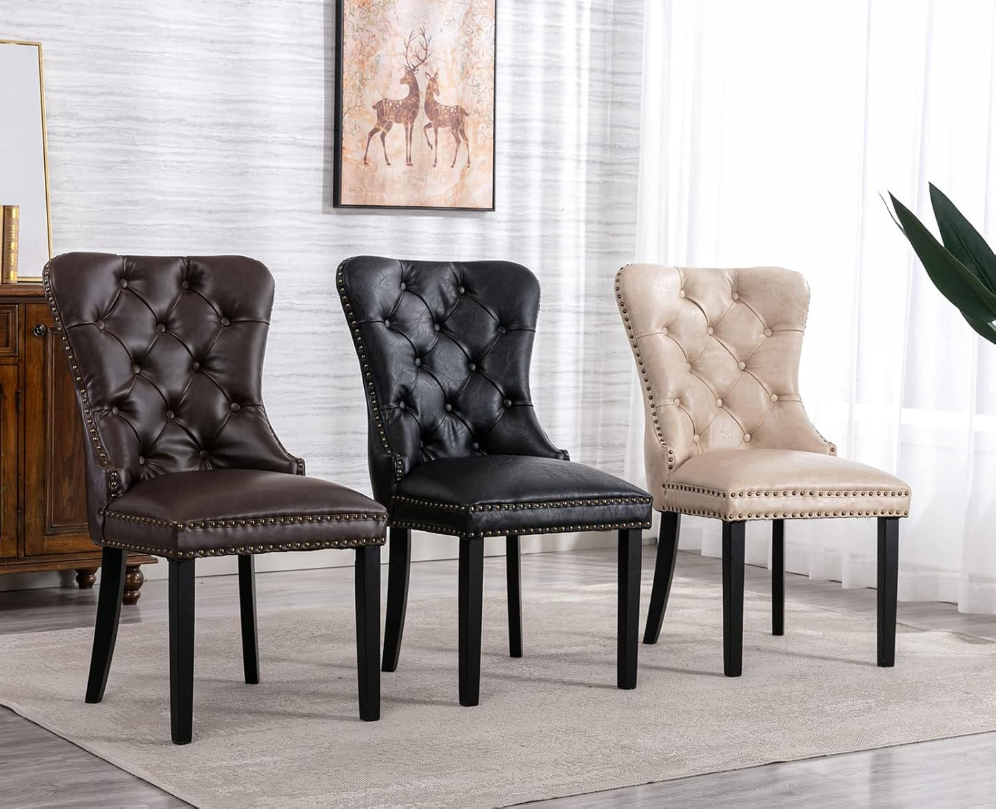 Beige Leather Dining Chairs Set of 4 Mid Century Modern Tufted Chairs Armless Rubber Wood Vintage Chairs Upholstered Nailhead PU Side Chair with Pull Ring for Kitchen/Cafe Decor Furniture