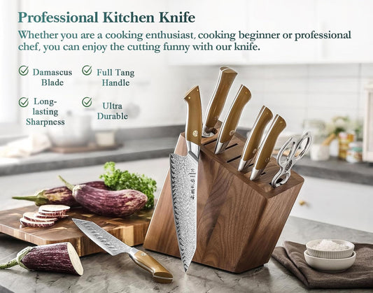 HEZHEN 8-Piece Knife Block Set, 67 Layers Damascus Steel Knife Set with Block, Kitchen Scissor-Sharpner Rod, Professional Knife Sets for Chefs, Linen Micarta Handle, Gift Packing