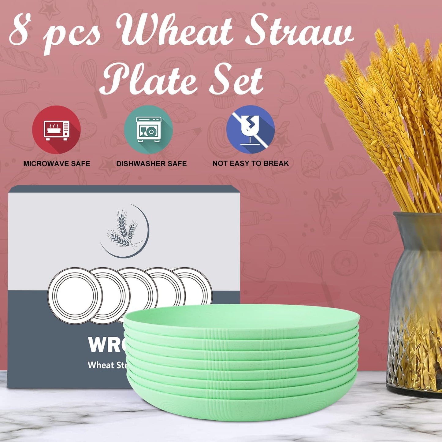 Wrova Wheat Straw Plates - 9 Inch Unbreakable Dinner Plates Set of 8 - Dishwasher & Microwave Safe Plastic Plates Reusable for Kitchen and Camping (Light Green)
