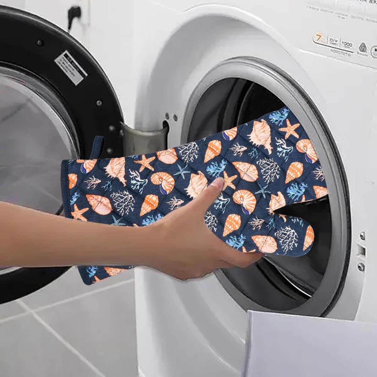 Oven Mitts Cotton Fashion Cute Cowry Design 1pair Heat Resistant Oven Gloves Safe Cooking Baking Grilling Barbecue Machine Washable Pot Holders (Cowry)