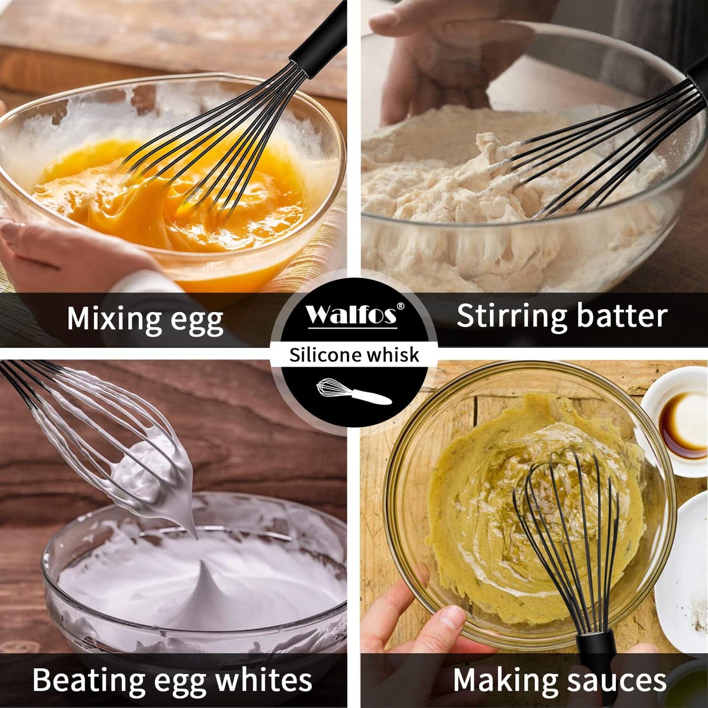 Walfos Whisk,Silicone Whisk Set of 4 Non-Scratch Silicone Coated Whisks for cooking.BPA Free and Dishwasher Safe 5+7+9+11in wisk Nice for Blending Beating Stirring and Mixing (Black)