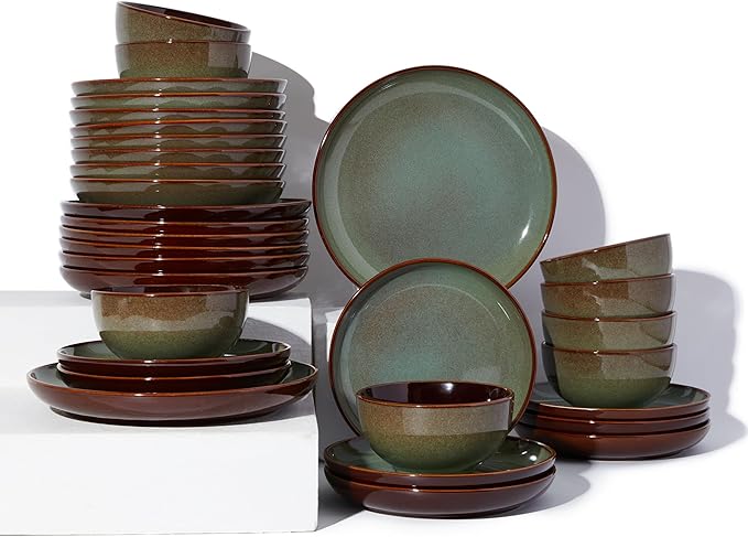 32 Piece Double Bowl Dinnerware Sets with Pasta Bowls, Highly Chip and Crack Resistant Plates and Bowls Sets, Natural Earthyware Ceramic Dishware Sets, Service for 8 Sage Green