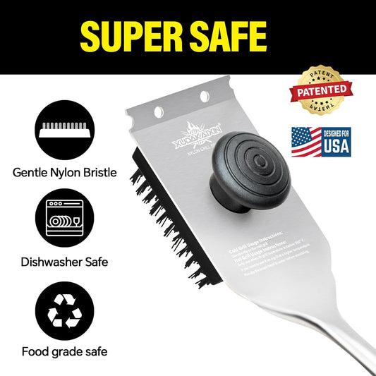 Grill Brush and Scraper, Dual Grip Design,Extra Strong BBQ Cleaner Accessories,Safe Nylon Bristles Barbecue Triple Scrubbers Cleaning Brush for Cast Iron Grates/Porcelain/Charcoal Grill
