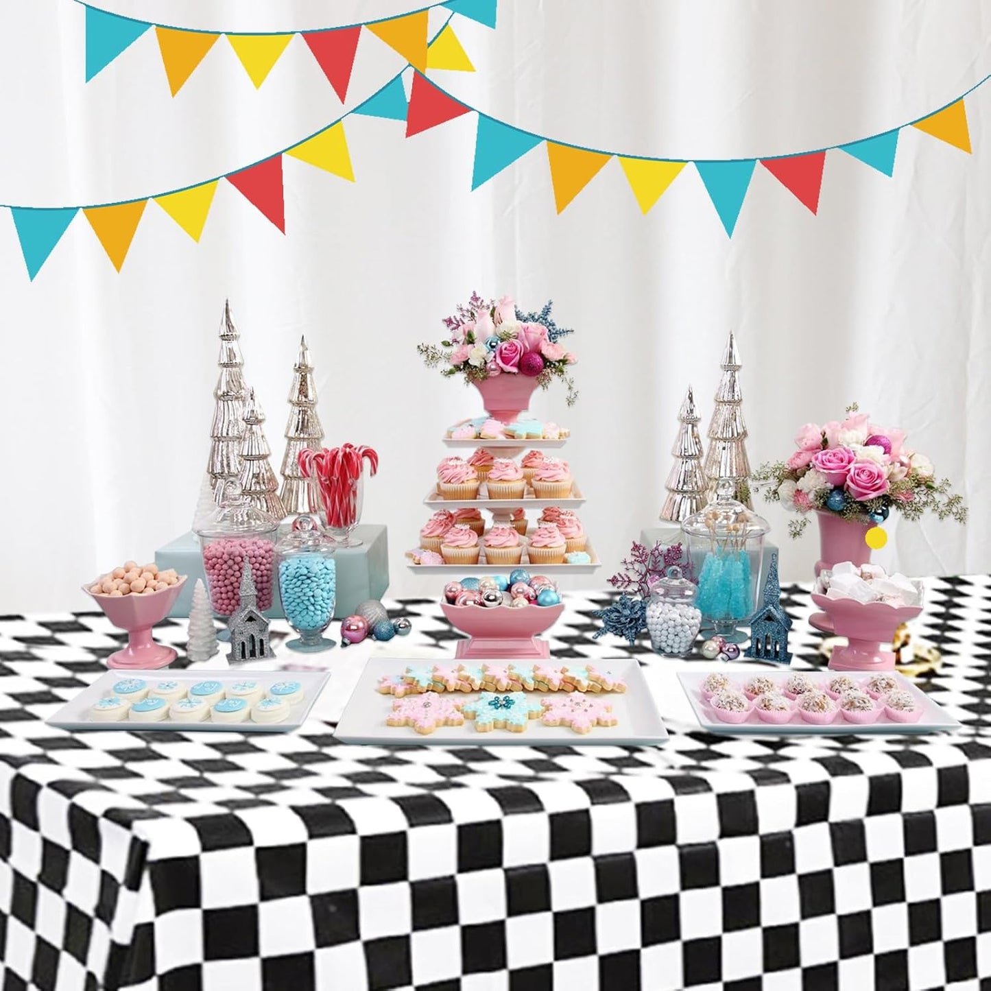 FUNTOOB Black and White Checkered Tablecloth 4 Pack Plaid Tablecloth Race Car Table Cloth for Race Car Birthday Party Decorations Racing Birthday Party Supplies, 54" X 72"