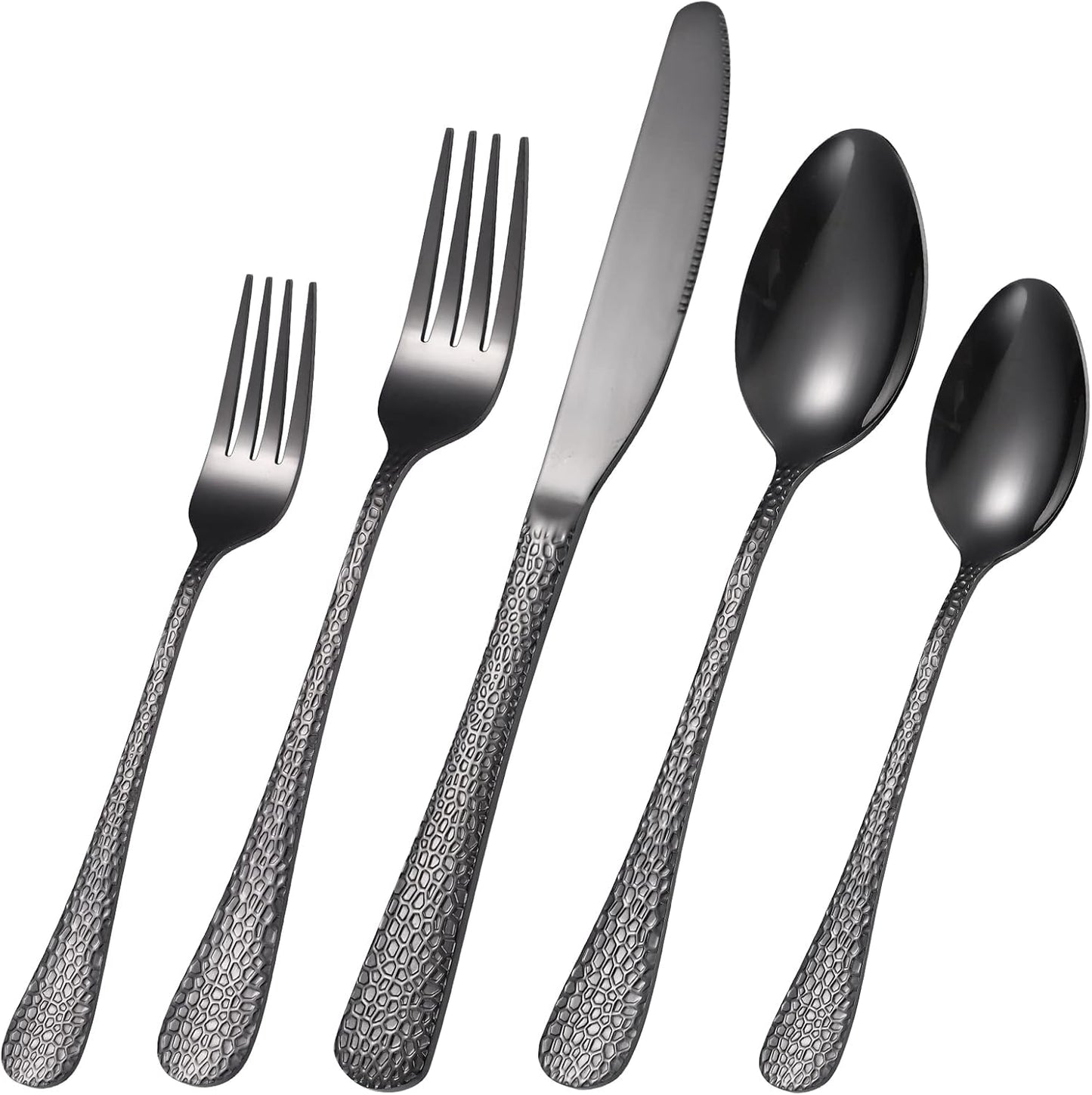 Black Hammered Silverware Set 8 Stainless Steel Flatware Vintage 40 piece include Knife Fork Spoon Proper Weight for Parties Restaurant Utensils and Kitchen Daily Use