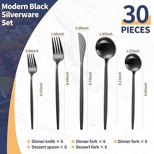 Matte Black Silverware Set,30 Piece Stainless Steel Modern Flatware Set,Brushed Cutlery Set Service for 6,Satin Finish Utensils Set,Home Kitchen and Restaurant,Dishwasher Safe
