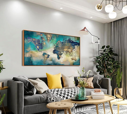 Large World Map Canvas Prints Framed Wall Art for Living Room Office 24x48 Green World Map Picture Artwork Decor for Home Decoration(With Soild Wood Dark Framed)