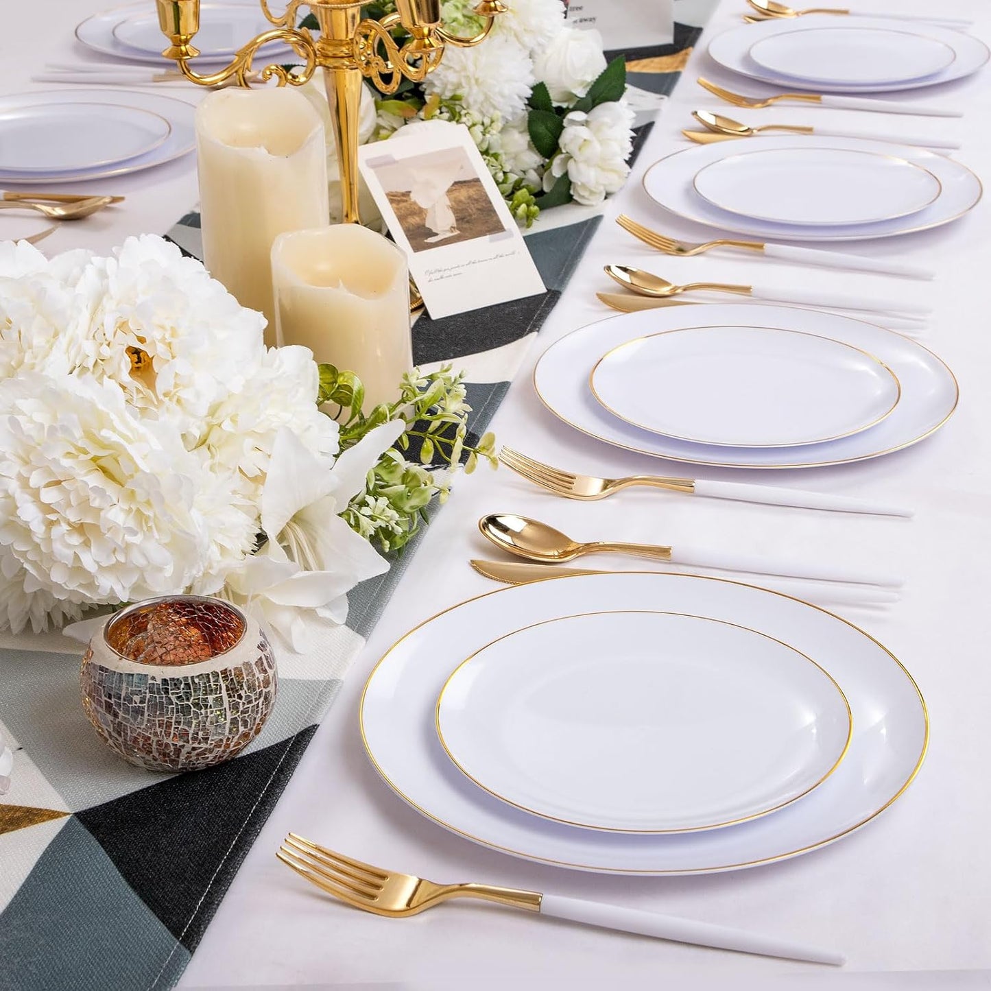DaYammi 30 Guests Gold Plastic Plates with Disposable Silverware,Gold Cutlery with White Handle,White Golden Disposable Dinnerware:60 Dinner/Dessert Plates,90 Plastic Silverware Set for Wedding Party