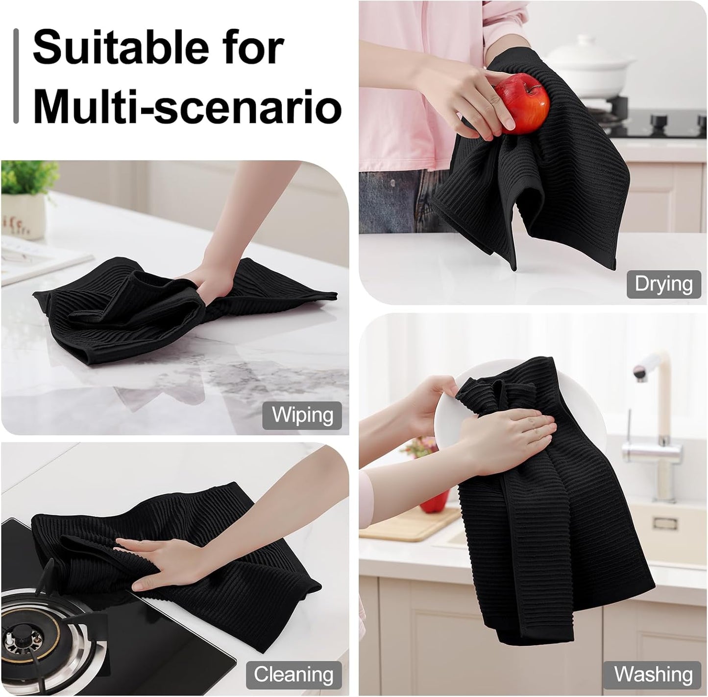 Homaxy Premium Kitchen Towels (18"x 28", 6 Pack), Large 100% Cotton Kitchen Hand Towels, Ultra Absorbent Ribbed Terry Tea Towels Set with Hanging Loop, Black