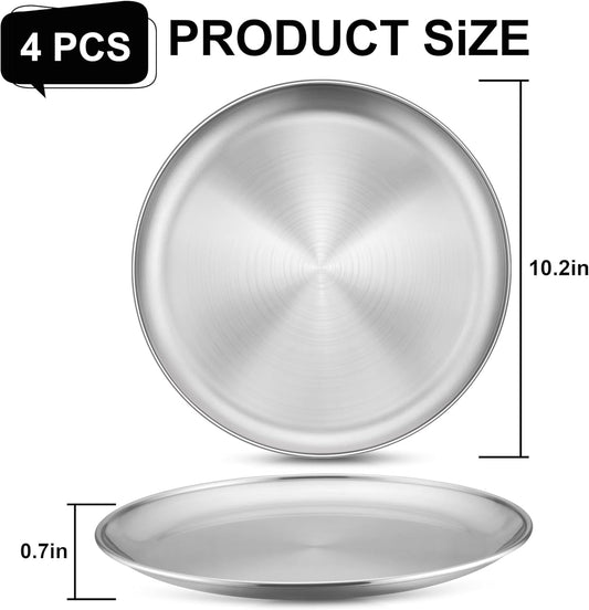 Homikit Stainless Steel Plates for Kids, 4-Piece 10.2 Inch Metal 304 Kids Toddler Plates for Children Adults, 18/8 Non Toxic Dinner Camping Dishes Set of 4, Dishwasher Safe & Reusable