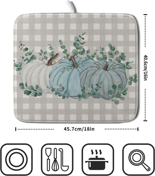 Fall Dish Drying Mats for Kitchen Counter 16×18 Inch Blue White Pumpkin Thanksgiving Harvest Festival Small Microfiber Drying Mat Kitchen Accessories Dish Rack Mat Drainer Pad Washable Absorbent
