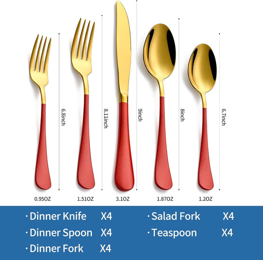 20-Piece Red & Gold Silverware Set, 18/0 Stainless Steel Colorful Handle Flatware Set,Service for 4,Modern Cutlery Set Includes Dinner Knives Forks Spoons,Mirror Polished,Dishwasher Safe
