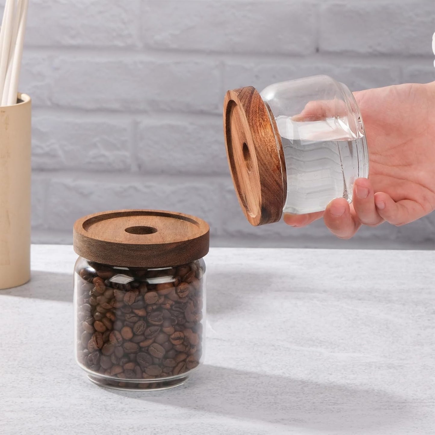 WHJY 2 pack 15oz Glass Storage Containers with Wooden Lids Airtight Food Canister for Tea Sugar Dry Goods Clear Coffee Jars for Kitchen Pantry