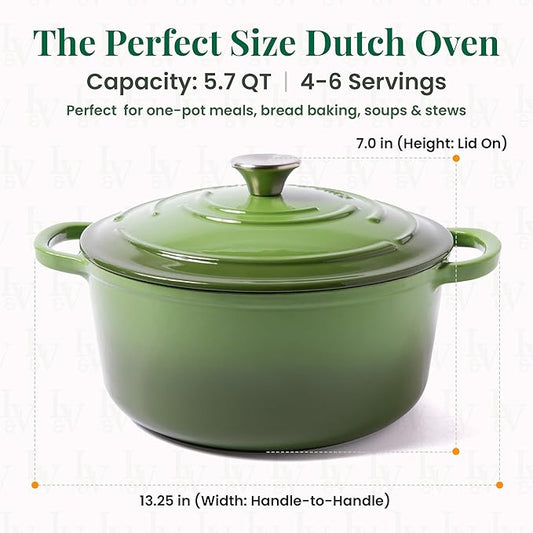 Larder & Vine Enameled Cast Iron 5.7qt Dutch Oven Pot with Lid | Bread Baking | Compatible on All Cooktops & Oven Safe to 500° F | Great for Sourdough Bread | Okra