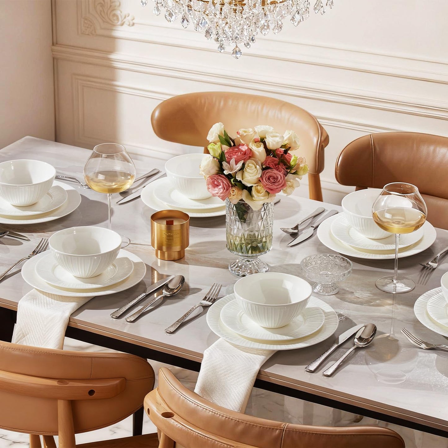 KINGSTONE Bone China Dinnerware Set, 24-Piece White Lightweight Porcelain with Textured Design Service for 8, Plates, Bowls, for Family Dining, Restaurants, Gifting,Microwave and Dishwasher Safe