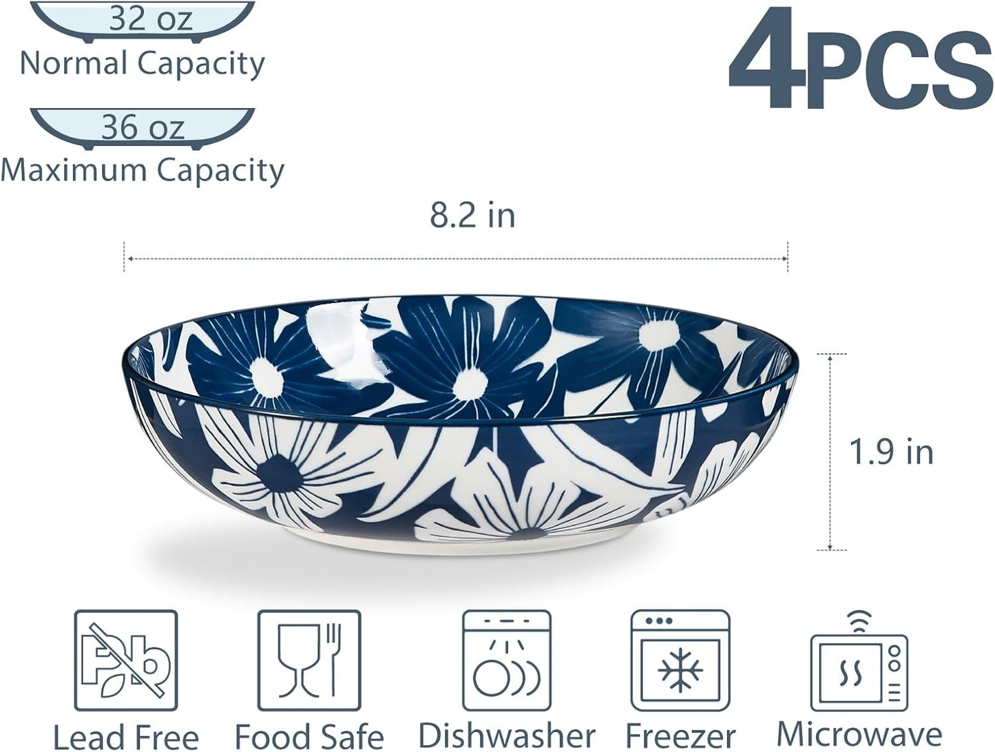 ONEMORE Ceramic Pasta Bowls Set of 4, 36 oz Salad Bowls, Large Kitchen Shallow Bowls Set-Vintage Blue Floral Pattern, Oven Microwave Dishwasher Safe, Scratch Resistant