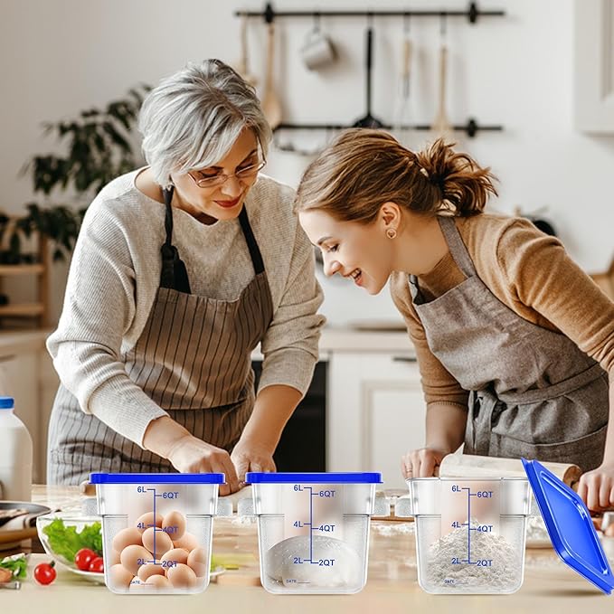 4 pcs 6qt Food Storage Containers with Lid, Square Clear Commercial Food Storage Containers with Handle and Scale for Food Storage in Home Kitchen & Dining (Blue)