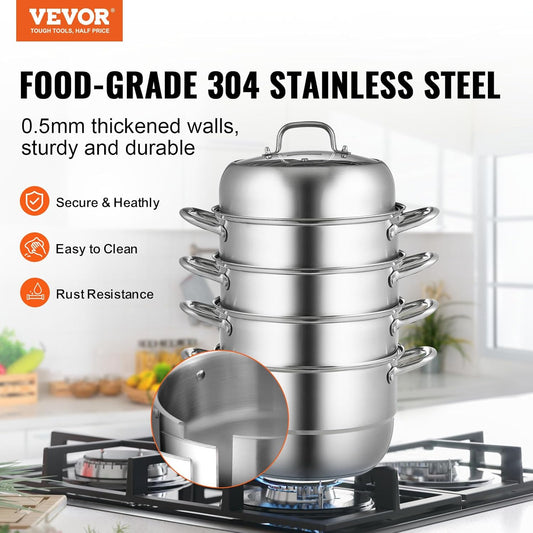 VEVOR Steamer Pot 11.8in/30cm, 5 Tier Steamer Pot for Cooking with 10QT Stock Pot, 3 Vegetable Steamers & 2 Steaming Trays, Food-Grade 304 Stainless Steel Food Steamer Cookware for Gas Electric Stove