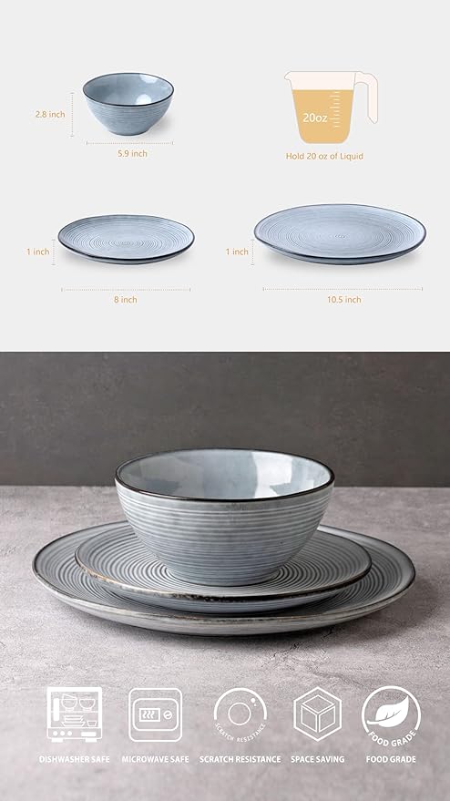 Famiware Tempus Plates and Bowls Sets for 6, 18 Pieces Stoneware Dinnerware Sets, Reactive Glaze Dishes Set, Dishwasher & Microwave Safe - Pearl Blue