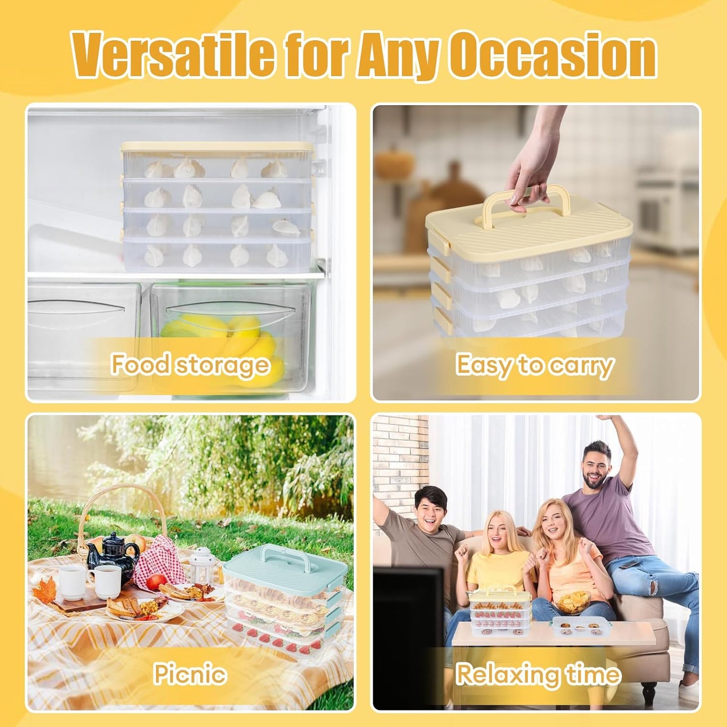 4 Layers Storage Container, 1.61'' Extra-High Layer, Cookie Carrier, Dumpling Box, Stackable Food Container (White & Mint Green)