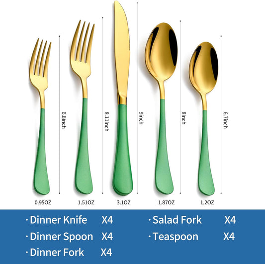 20-Piece Green & Gold Silverware Set, 18/0 Stainless Steel Colorful Handle Flatware Set,Service for 4,Modern Cutlery Set Includes Dinner Knives Forks Spoons,Mirror Polished,Dishwasher Safe
