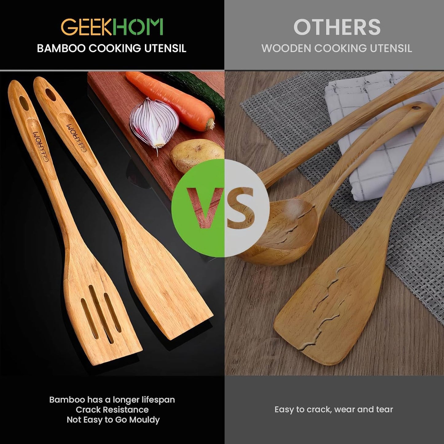 GEEKHOM Bamboo Spatulas for Nonstick Cookware, 13 Inch Wooden Kitchen Utensils, 2 Pack Wooden Spatula for Cooking, Slotted Wok Turners, Flipper for Pancake, Fish, Egg