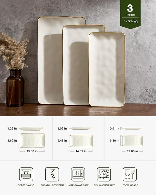 famiware Serving Platter, Rectangular 15.67/14.1/12.6inch Serving Dishes for Entertaining, Microwave Dishwasher Safe, Stoneware Serving Trays for Party, Turkey, Cheese, Ocean Series, Vanilla White