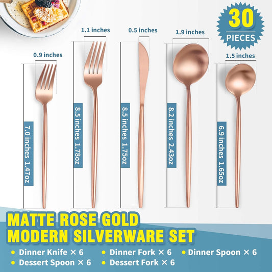 Lemeya Matte Rose Gold Silverware Set for 6,Modern Stainless Steel Brushed Cutlery Set,30-Pieces Heavy Duty Flatware Set,Knives Spoons and Forks Set Utensils Set, Satin Finish, Dishwasher Safe