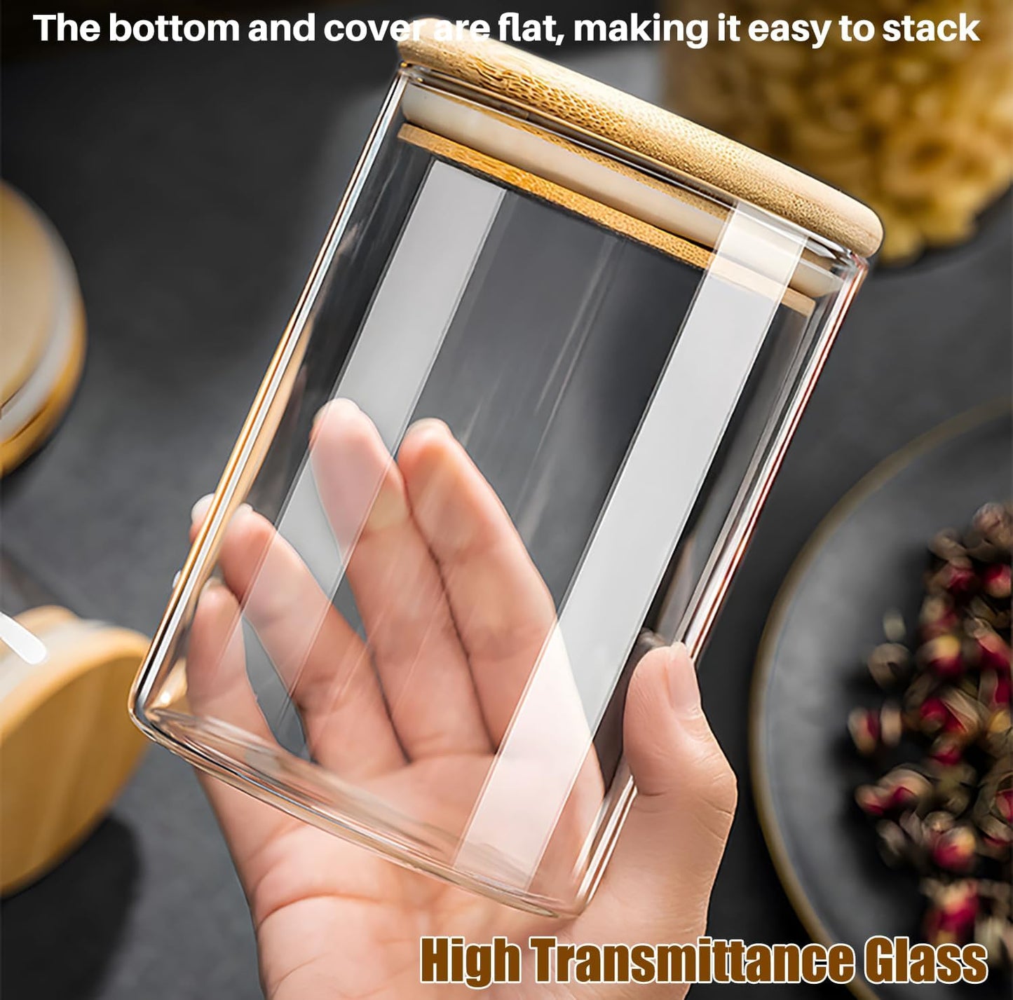 6 Pack Glass Food Storage Jars with Airtight Lids, Clear Glass Jar with Bamboo Lid, Airtight Food Canister for Tea, Candy, Coffee, Sugar, Cookie, Snack. (Square| 5+6 Inch) SET of 3