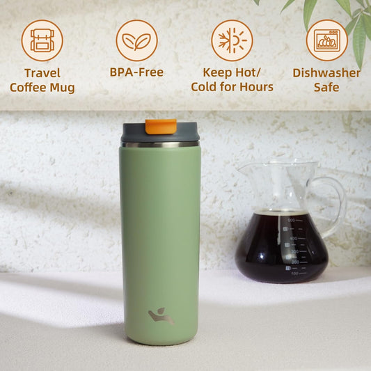 Tumbler with Lid, 16 oz Travel Coffee Mug Double Wall Vacuum Stainless Steel Thermal Metal Cup Insulated Water Bottle,Soft Green