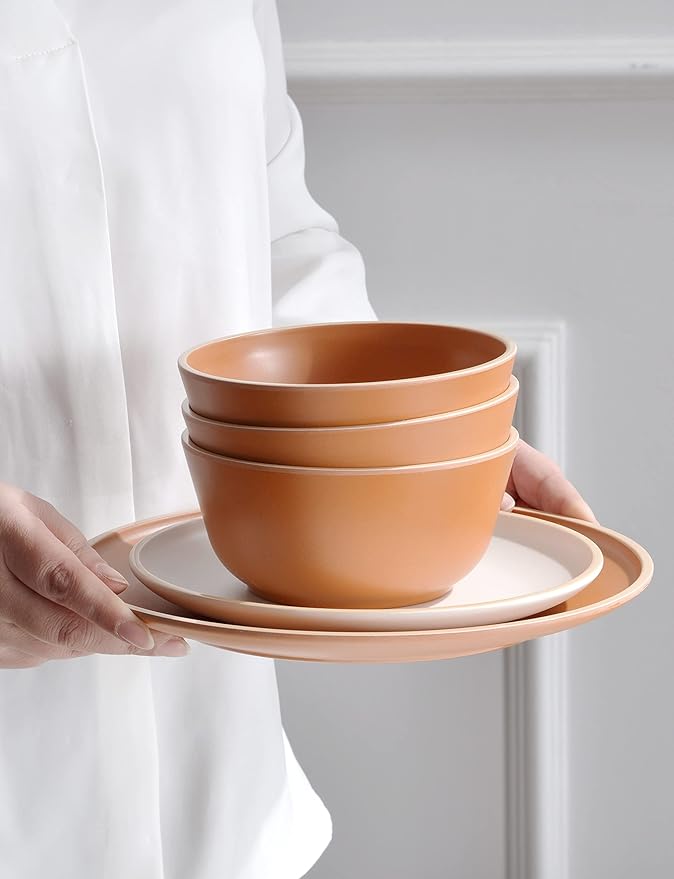 Melamine Dinnerware Sets 12pcs, Plates and Bowls for 4, Unbreakable Dinnerware Sets, Ideal Dinnerware for Party, Unbreakable, BAP free, Dishwasher Safe, Red Color (Terracotta Color)