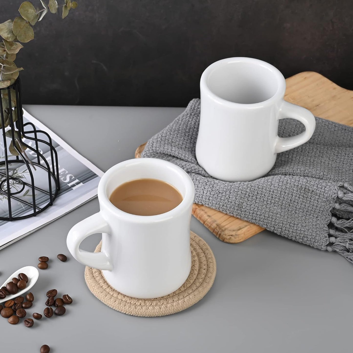 11oz Ceramic Diner Coffee Mug set Stoneware Coffee Cups Set for Restaurant, Diner, Farmhouse, Coffee Shop, Home set of 4 with Coffee spoons and Woven coasters (white)