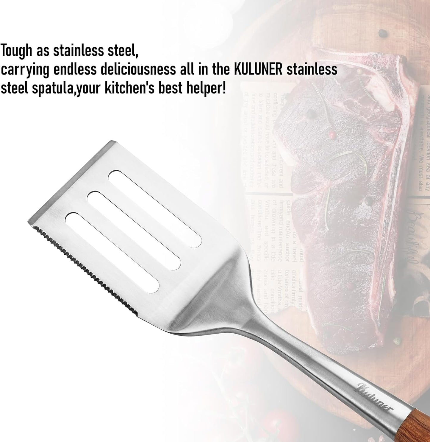 KULUNER Professional Grade Stainless Steel Cooking Spatula - 17 Inches, Sturdy and Durable, Premium Solid Wood Handle, with Bottle Opener, Suitable for Barbecue, Outdoor Kitchens, and Grilling Food
