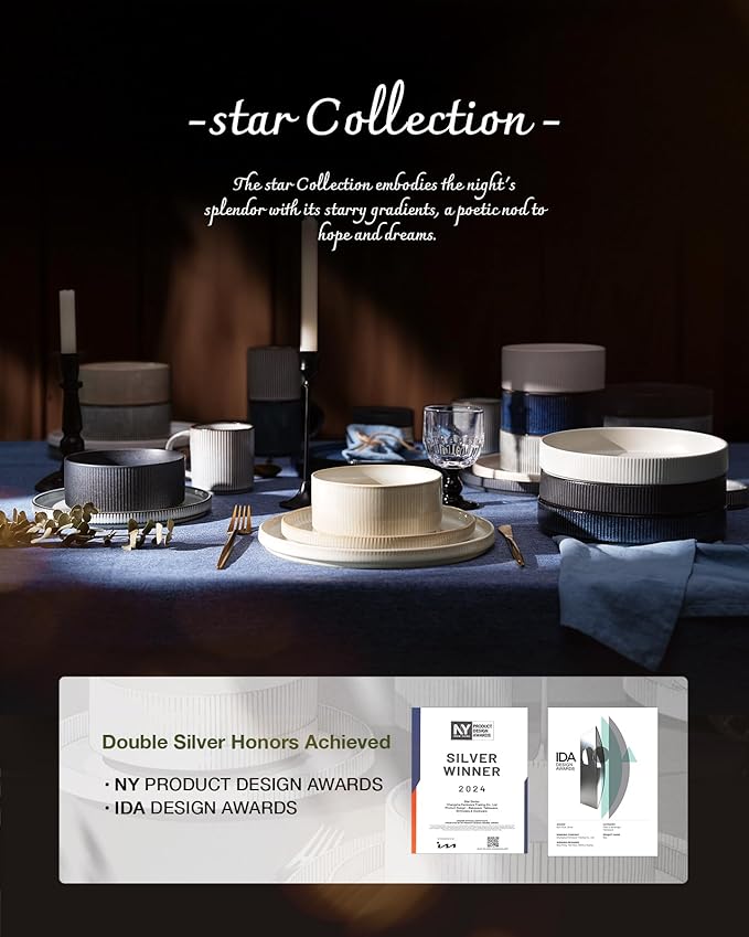 Famiware Star Dinnerware Set with Mugs, Service for 6 (24 Pieces), Ribbed Stoneware Plates and Bowls Dishes Sets with Trim - Chip & Scratch Resistant, Microwave & Dishwasher Safe, White
