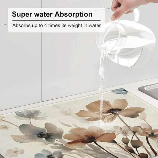 Floral Dish Drying Mat for Kitchen Counter, 18 x 24 Inch Microfiber Spring Summer Dish Mats for Drying Dishes, Absorbent Flowers Dish Drying Pad Kitchen Decor Rack Mat