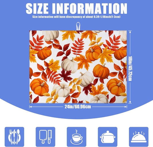 Fall Pumpkin Maple Dish Drying Mat for Kitchen Counter Thanksgiving Drying Pad Absorbent Reversible Dish Drainer Rack Mats Draining Pad 18"x24"Inch