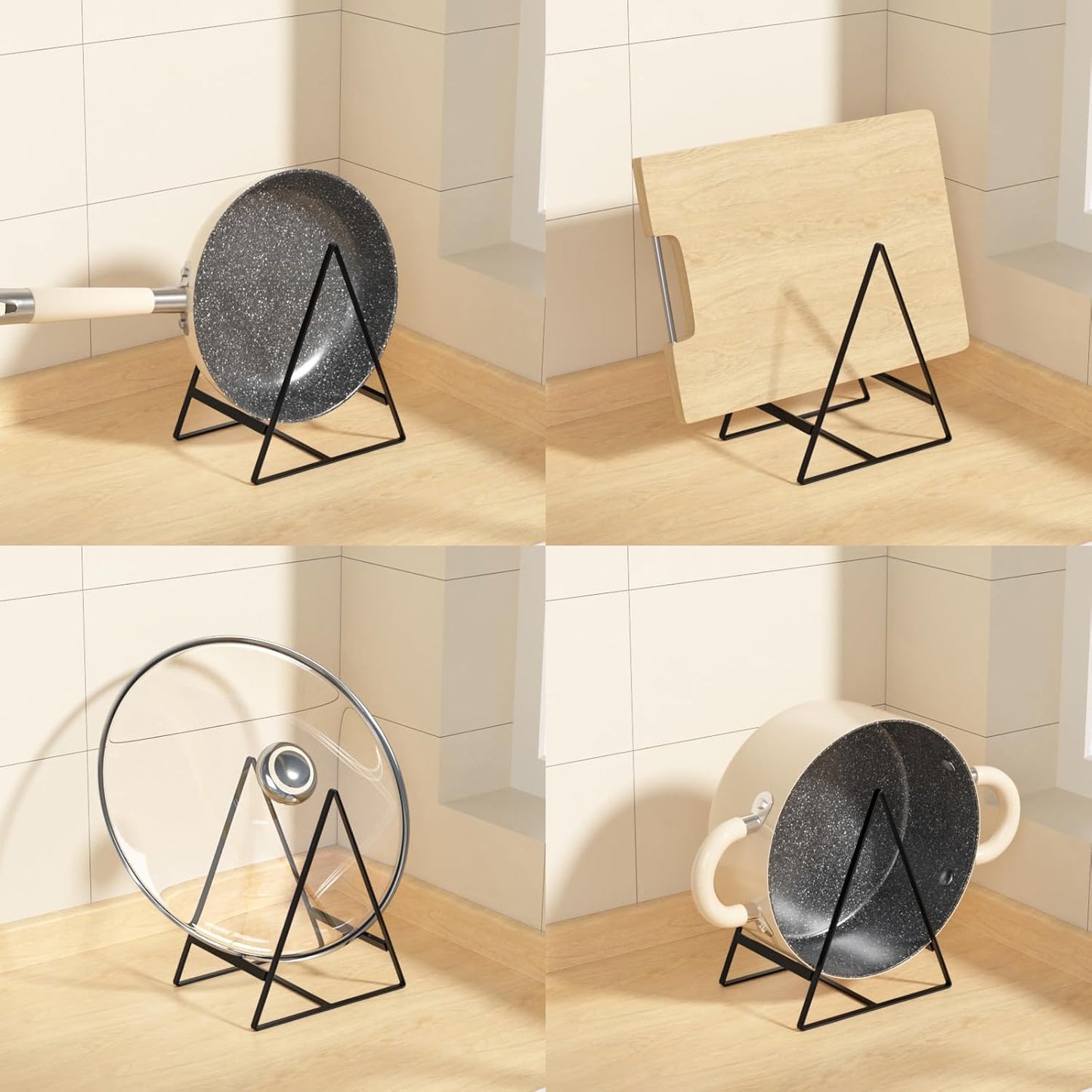 2 Large 1 Small Triangle Plate Holders Organizers Upright Cabinet Dish Drying Racks Metal Plate Dish Organizers Racks Stands for Countertop and Cupboard Black
