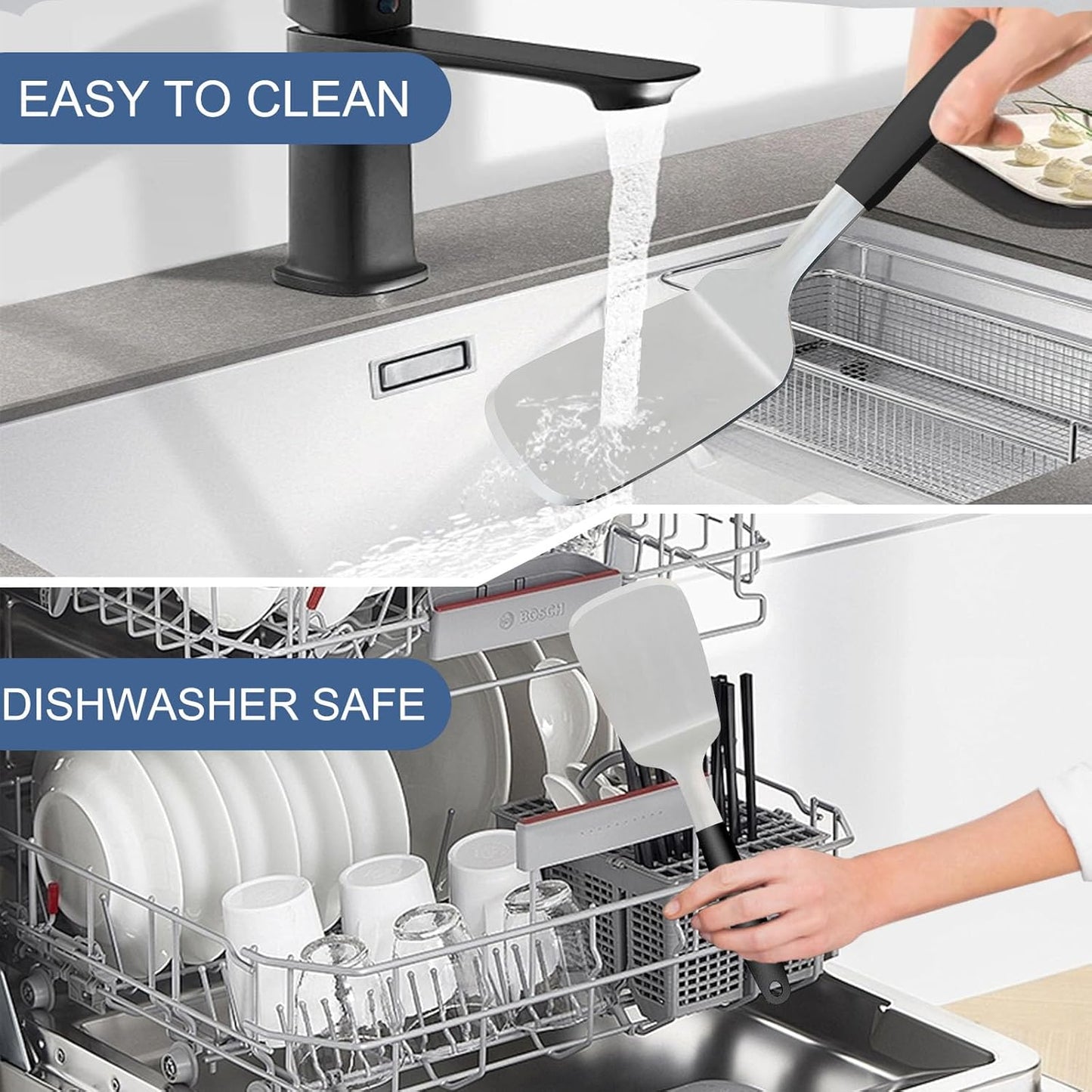 Stainless Steel Spatulas Set, 13.3 inch Metal Spatula, Full Tang Solid and Slotted Turner for Cooking Cast Iron Skillet, Heat Resistant Silicone Handle (Solid 4.6"x3.7")