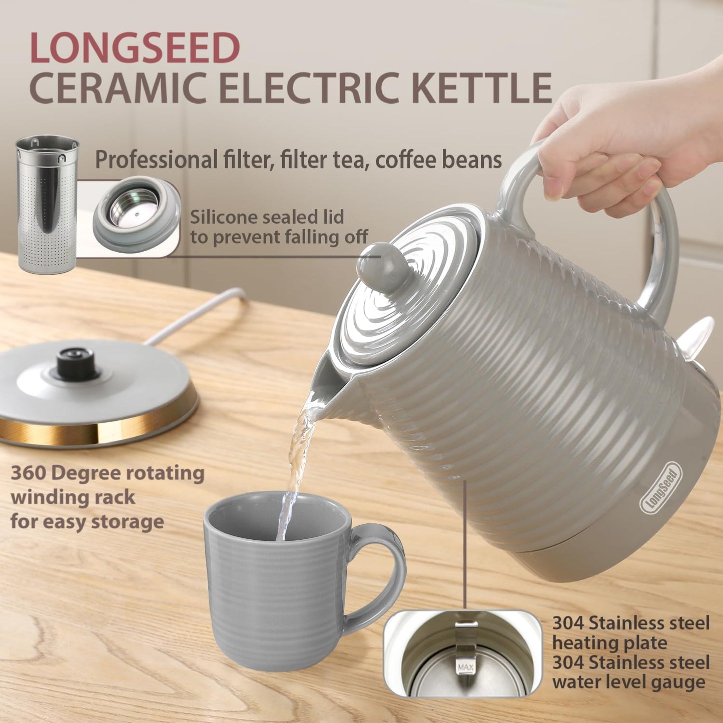 1.2 Liter Ceramic Electric Kettle Pot with Infuser & Mug, 1000W Boil Water Teapot, Fast Boiling, Boil-Dry Protection, Automatic Shut-Off, Rotatable Base